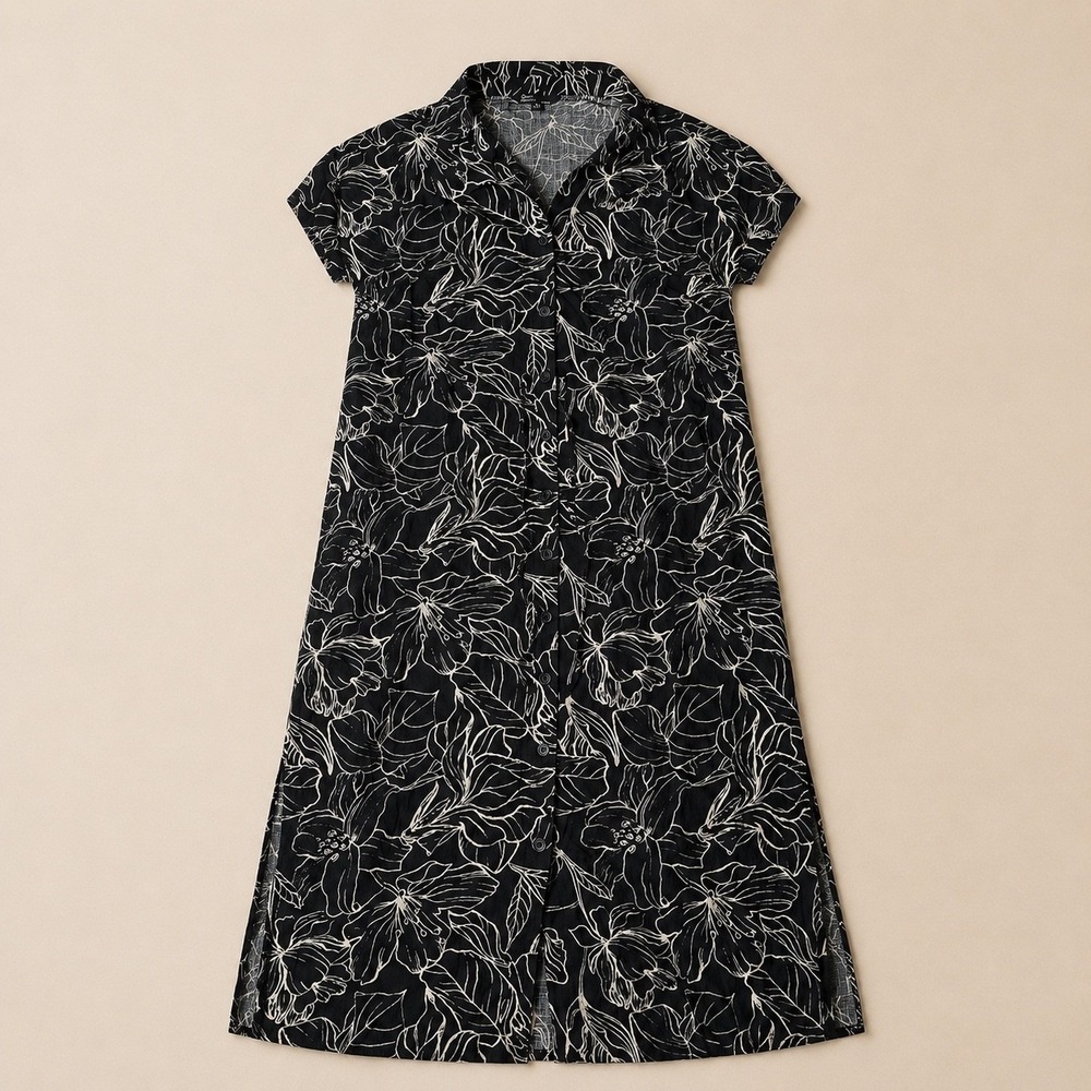 Jewel Badgley Mischka Black White Floral Shirt Dress Midi Linen Blend Large